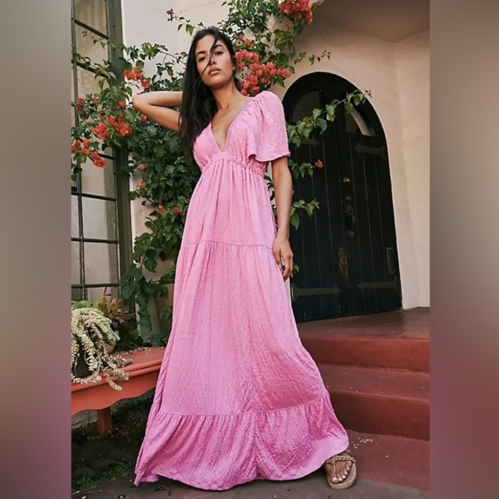 Free People FP Beach La La Maxi Dress Orchid Pink Gauze Boho Flowy Whimsical L - Picture 3 of 11